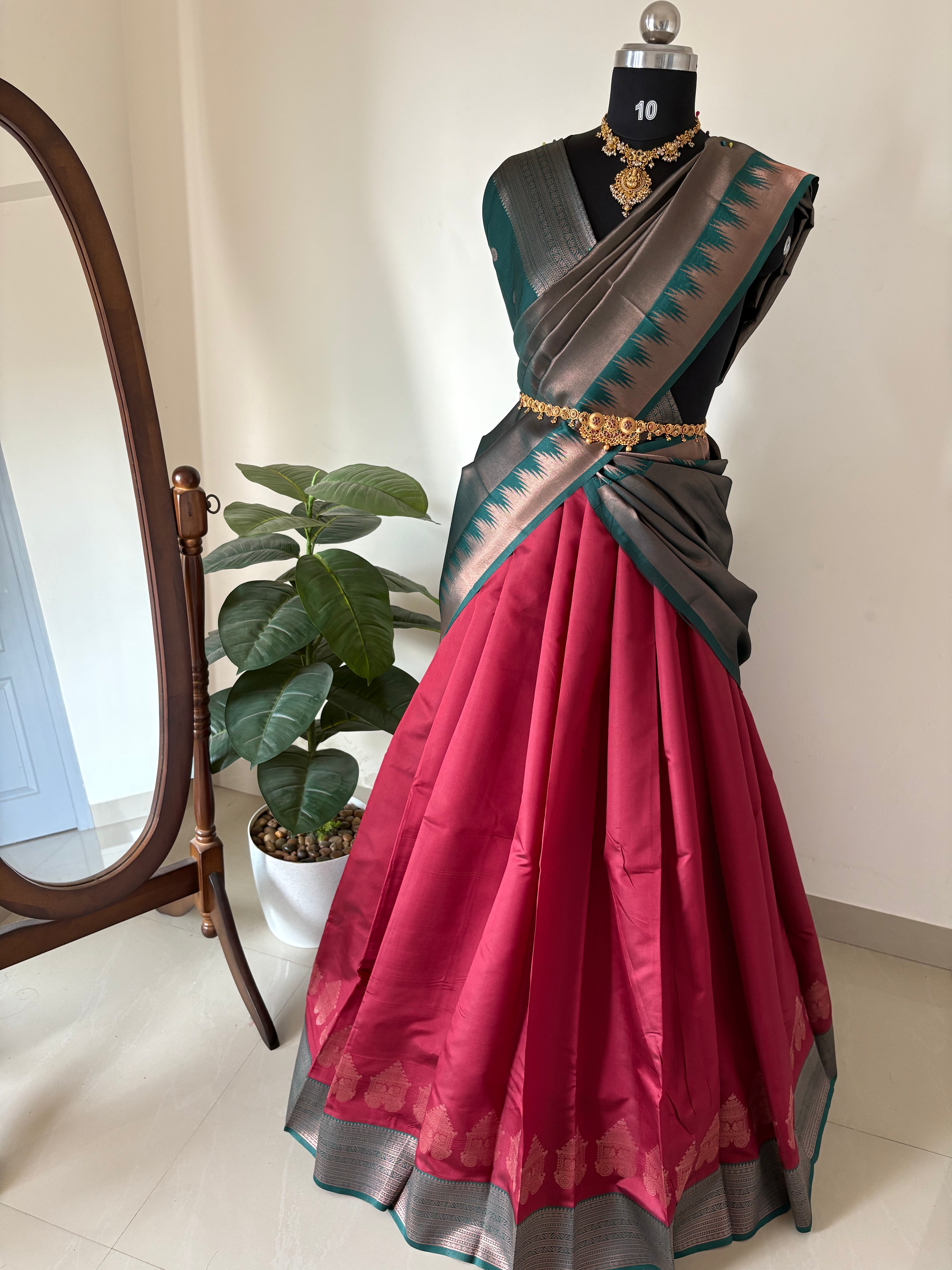 Unstitched premium half saree material(reddish maroon with bottle green) (KR42)