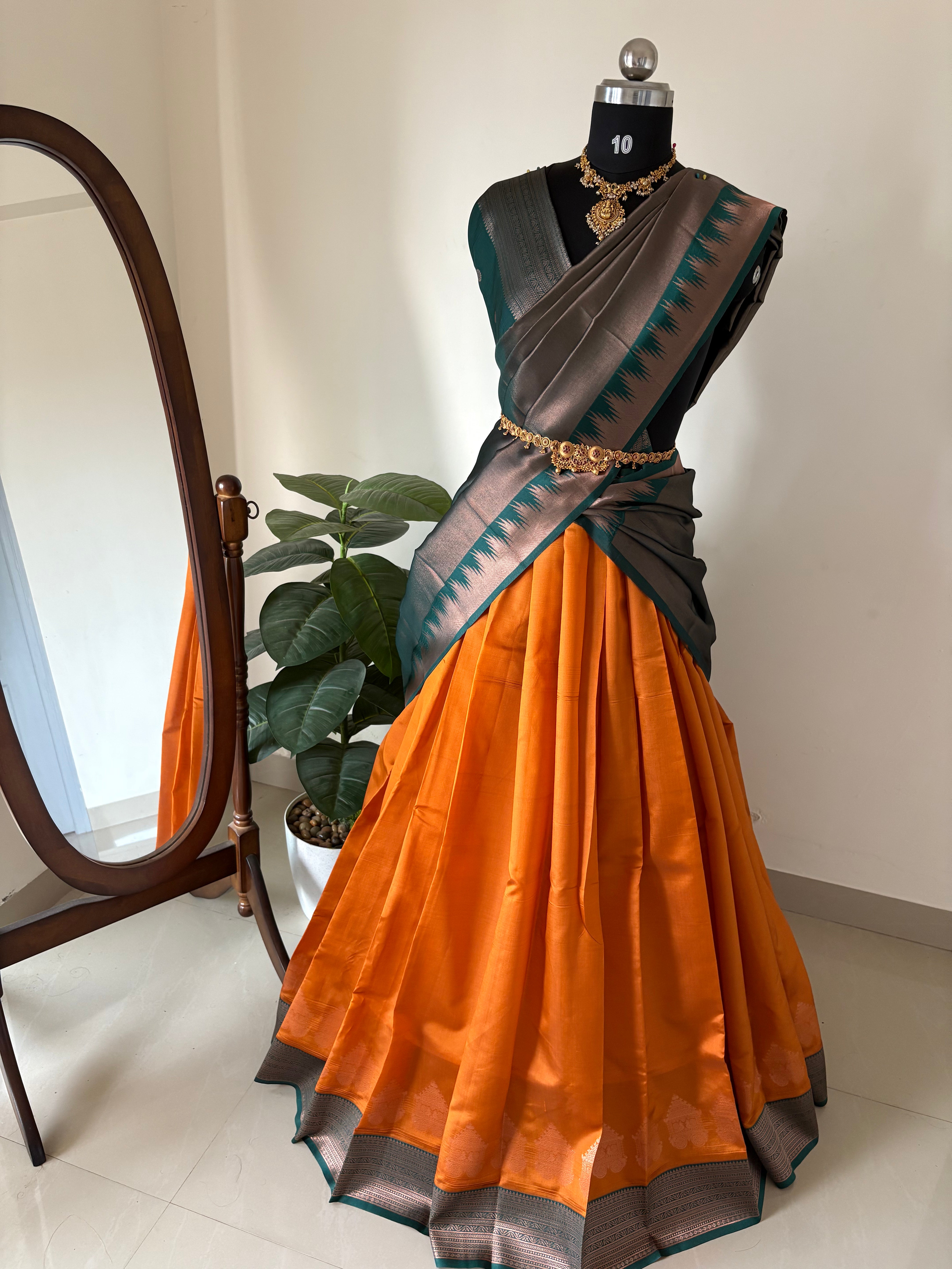 Unstitched premium half saree material(mango yellow with bottle green) (KR41)